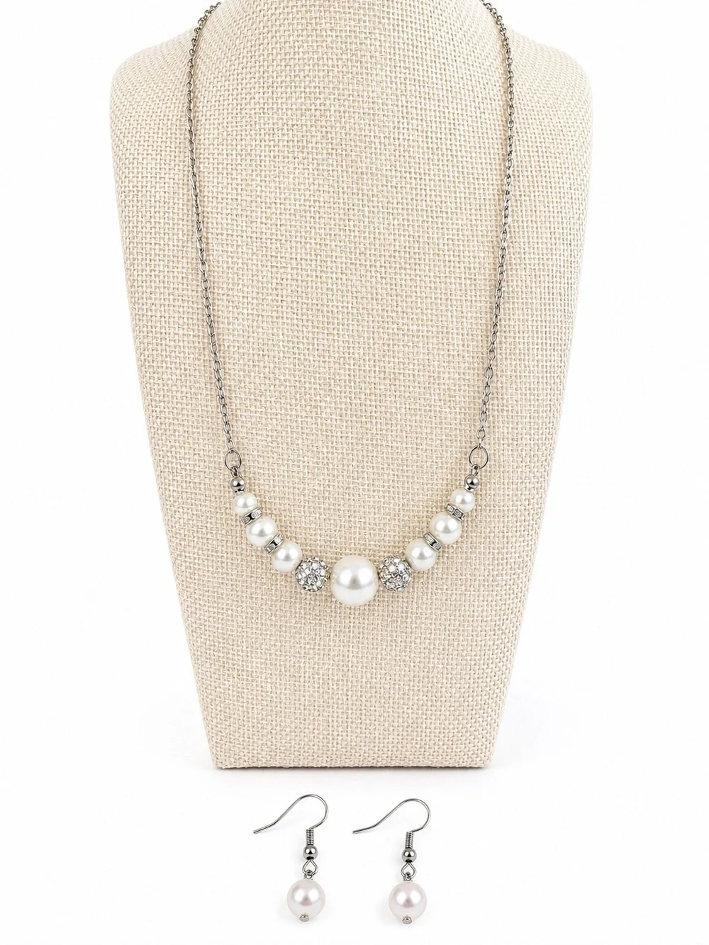 Silver Tone Faux Pearl Rhinestone Necklace & Earrings Set Wedding Bridal Gift